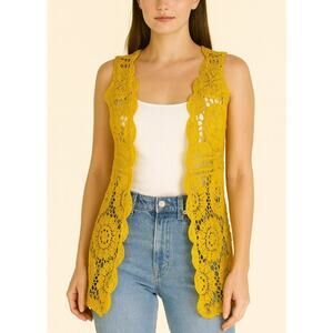 Anna-Kaci Mustard Yellow crochet cardigan swimsuit coverup high low floral SZ SM